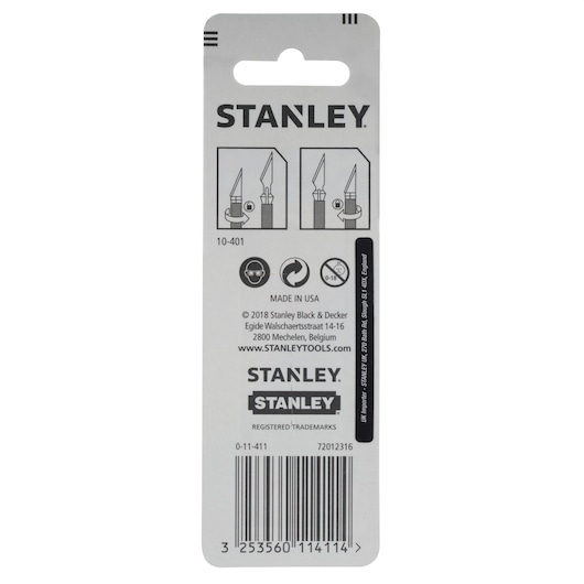 STANLEY® 45mm Sharp-Angled Blades for Hobby Craft Knife Package Back view