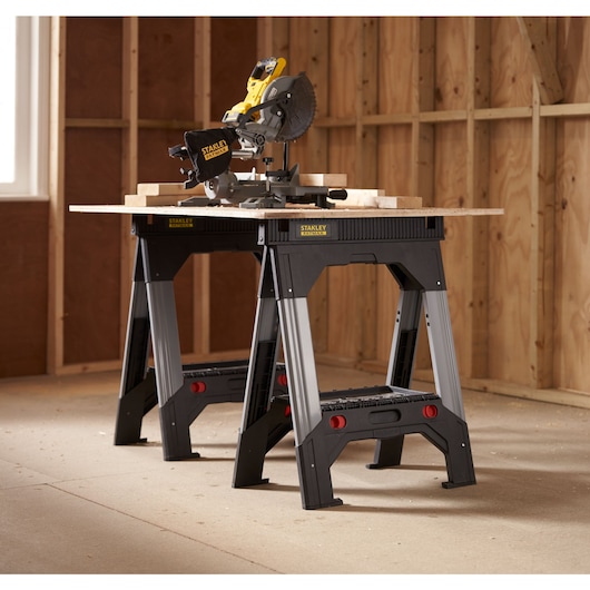 1-92-980 STANLEY® FATMAX® Folding Adjustable Height Metal Sawhorse (Pair), 1,135kg Max. Capacity, application image