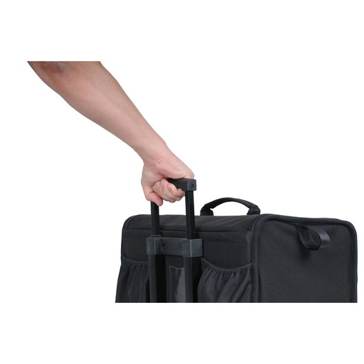 A hand holding the handle of a STANLEY backpack trolley on a white background