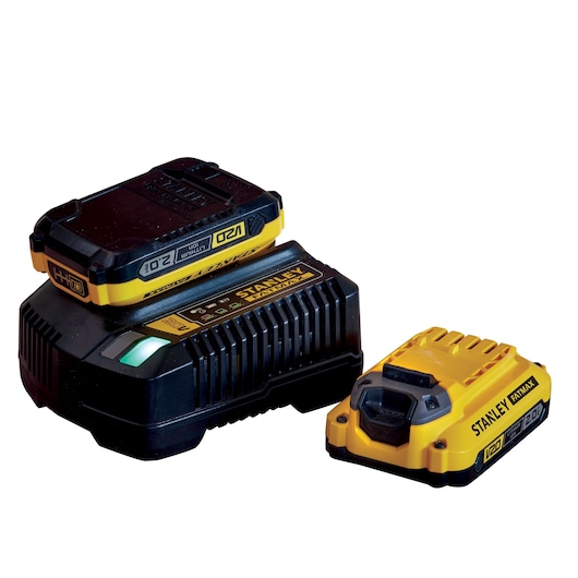Starter kit chargeur 2A + 2 batteries 2 Ah - Compatible avec tous les outils de la Gamme STANLEY FATMAX V20 - Robuste et Ergonomique avec Technologie Améliorée - Gamme V20 - STANLEY FATMAX, SFMCB12D2-QW