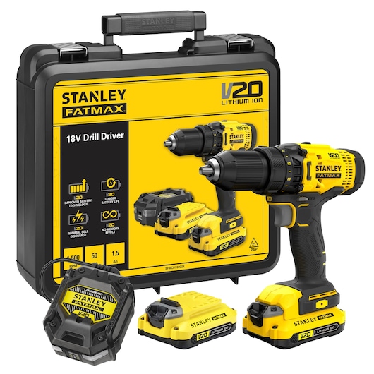 18V STANLEY® FATMAX® V20 Cordless Drill Driver with 2 x 1.5Ah Lithium Ion Batteries and Kit Box