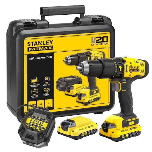 18V STANLEY® FATMAX® V20 Cordless Hammer Drill with 2 x 1.5Ah Lithium Ion Batteries and Kit Box