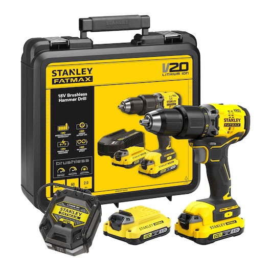 18V STANLEY® FATMAX® V20 Cordless Brushless Hammer Drill with 2 x 2.0Ah Lithium Ion Batteries and Kit Box 