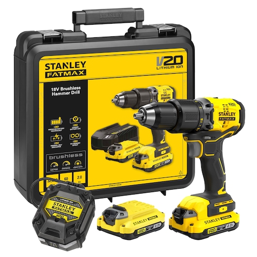 18V STANLEY® FATMAX® V20 Cordless Brushless Hammer Drill with 2 x 2.0Ah Lithium Ion Batteries and Kit Box 