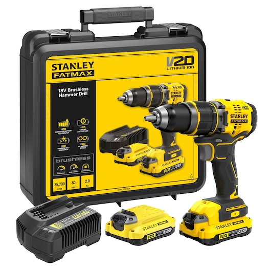 Perceuse Visseuse à percussion BRUSHLESS 80Nm - 18V - 15 réglages de couple, Mandrin 1 main 13mm, 0-600 / 2100 trs/min, 0-10200 / 35700 cps/min - Gamme V20 - STANLEY FATMAX, SFMCD721D2K-QW