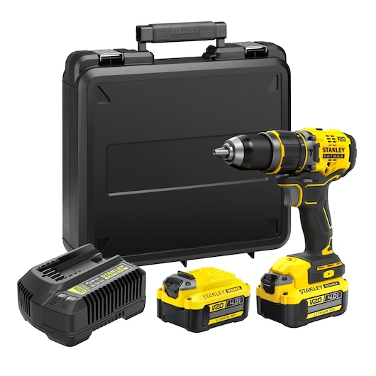 Perceuse Visseuse à percussion BRUSHLESS 80Nm - 18V - 15 réglages de couple, Mandrin 1 main 13mm, 0-600 / 2100 trs/min, 0-10200 / 35700 cps/min - Gamme V20 - STANLEY FATMAX, SFMCD721M2K-QW