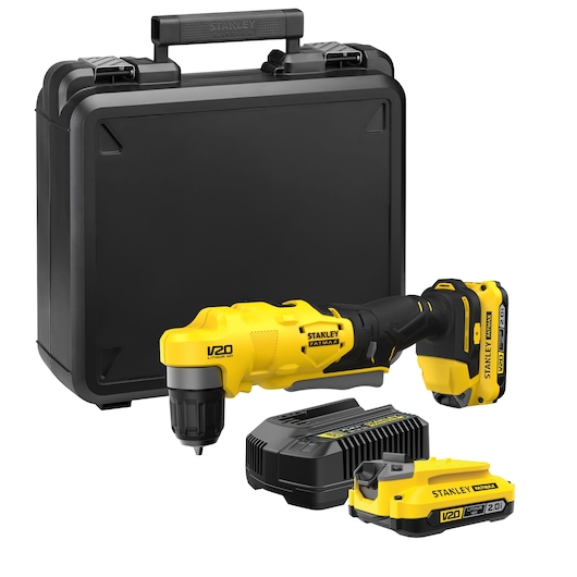 18V STANLEY FATMAX V20 Cordless Right Angle Drill with 2 x 2.0Ah Lithium-Ion Batteries and Kit Box