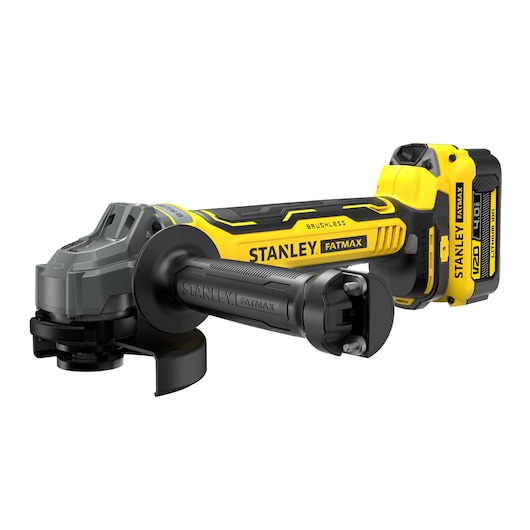 18V STANLEY FATMAX V20 Cordless Brushless 125mm Angle Grinder with 2 x 4.0Ah Lithium Ion Batteries and Kit Box 