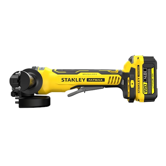 18V STANLEY FATMAX V20 Cordless Brushless 125mm Angle Grinder with 2 x 4.0Ah Lithium Ion Batteries and Kit Box 