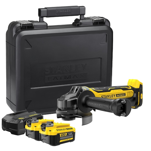 STANLEY FATMAX V20 Cordless Brushless 125mm Angle Grinder with 2 x 4.0Ah Lithium Ion Batteries and Kit Box 