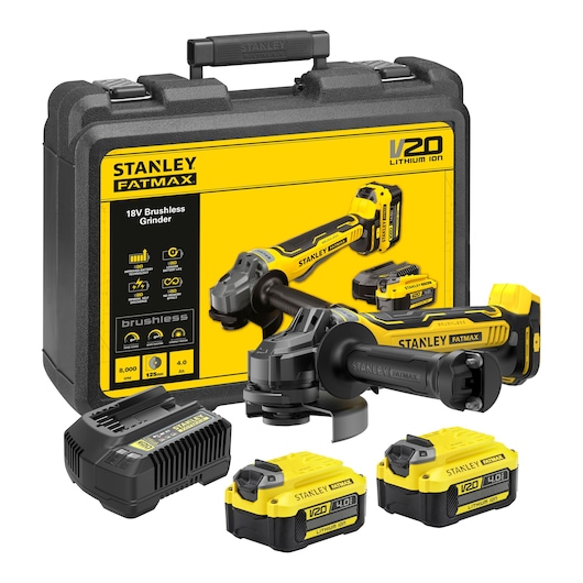 STANLEY FATMAX V20 Cordless Brushless 125mm Angle Grinder with 2 x 4.0Ah Lithium Ion Batteries and Kit Box 