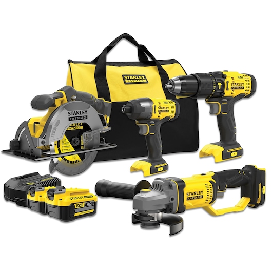 18V STANLEY® FATMAX® V20 Cordless 4-Piece Combo Kit with 2 x 4.0Ah Lithium Ion Batteries and Soft Bag