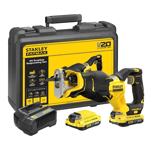 18V STANLEY FATMAX V20 Cordless Brushless Reciprocating Saw with 2 x 2.0Ah Lithium Ion Batteries and Kit Box