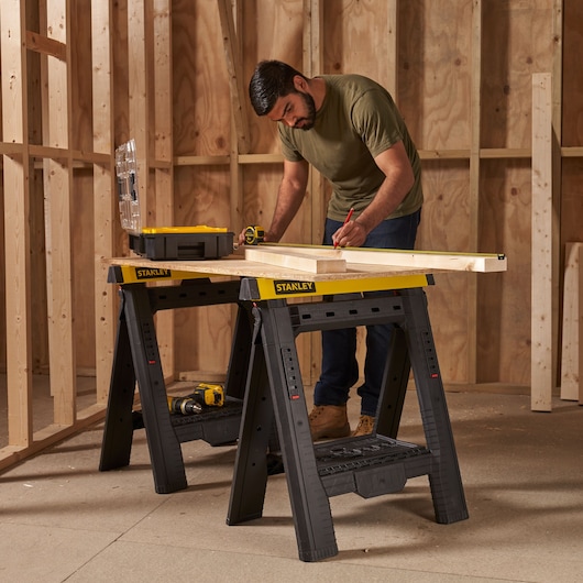 STANLEY® Folding Adjustable Height and Width Sawhorse (Pair), 450kg Max. Capacity, application image