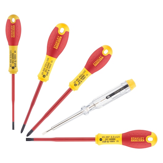 JEU DE 5 TOURNEVIS SLIM ISOLES 1000V FATMAX ELEC 3.5X75 - 5.5X150 - PZ1 X100 - PZ2 X 125 - TESTEUR