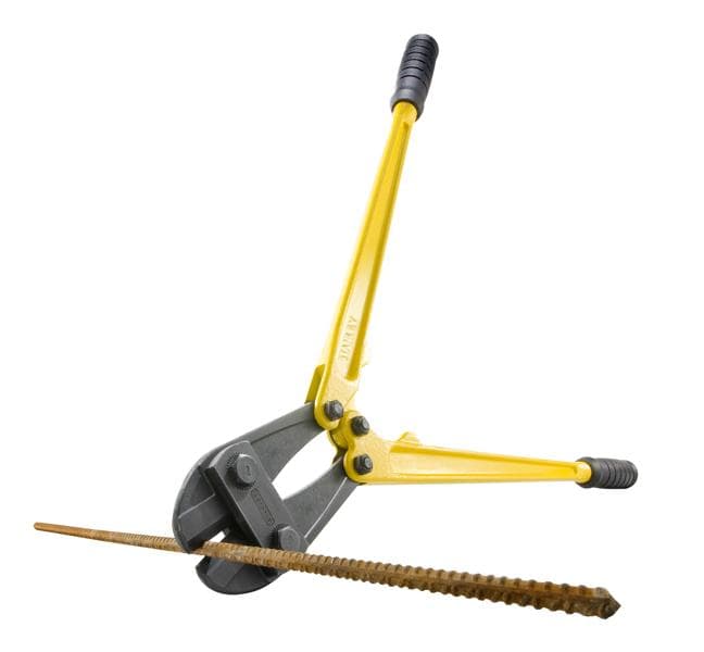 STANLEY 1-95-564 bolt cutter with yellow handles, cutting a steel rebar, front angle on white background.